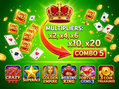 A magical fantasy casino atmosphere with glowing purple lights and gold coins